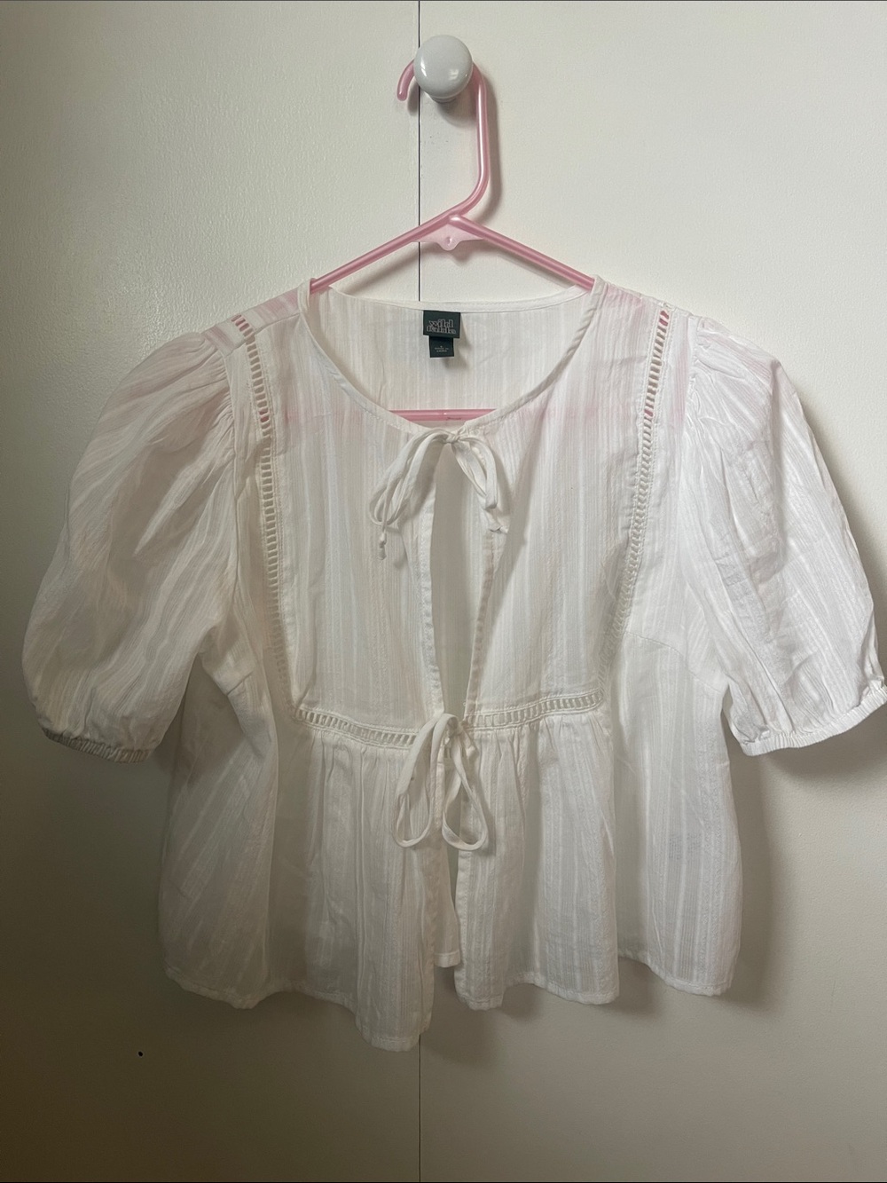 wild fable White Tie-Front Peasant Blouse with Puff Sleeves and Ladder Trim